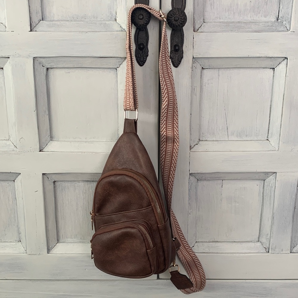 Brown Faux Leather Sling Crossbody Bag with Adjustable Strap